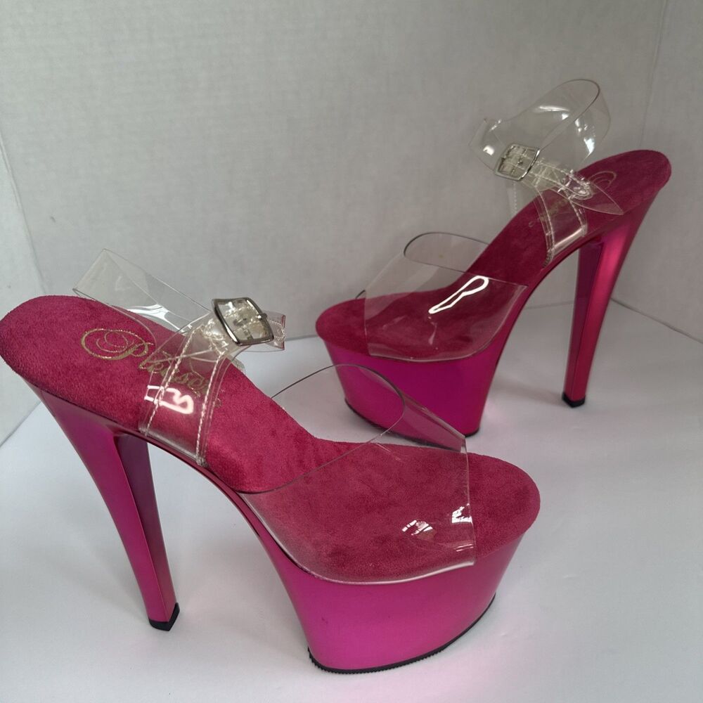 Pleaser SKY-308 Womens 8 Hot Pink Chrome Clear 7” Platform Heels BNWOB